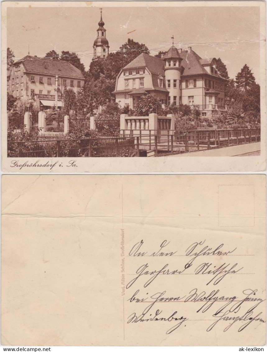 Ansichtskarte Großröhrsdorf Straßenpartie und Blick auf die Bäckerei 1925