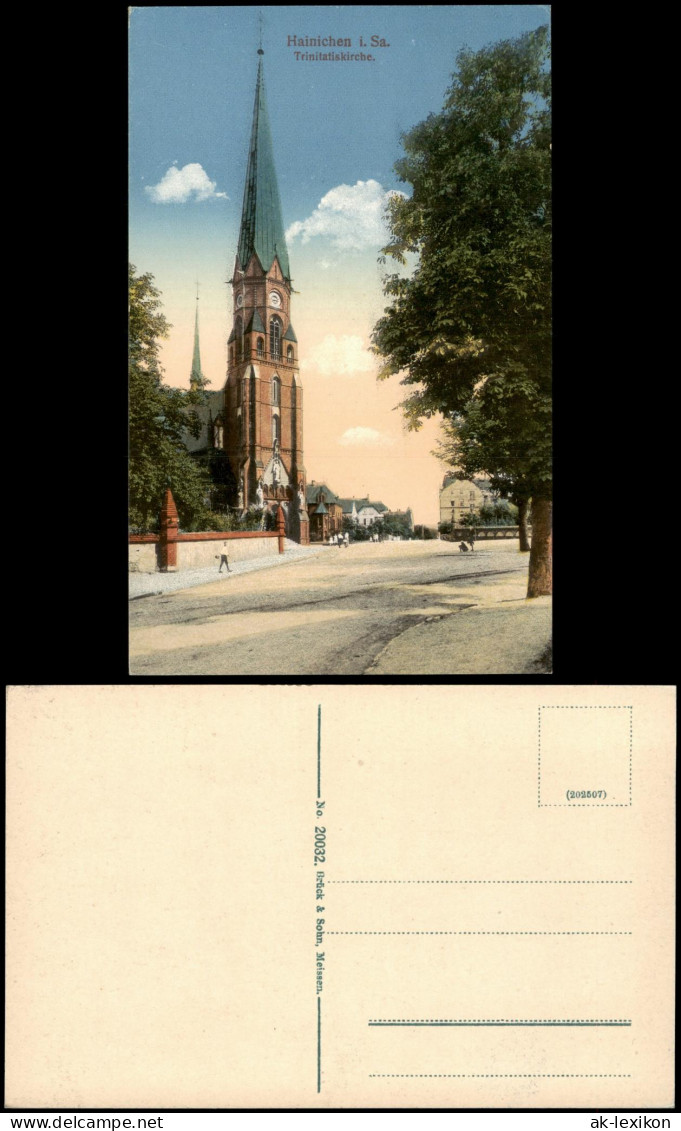 Ansichtskarte Hainichen Straßenpartie Trinitatiskirche. 1916
