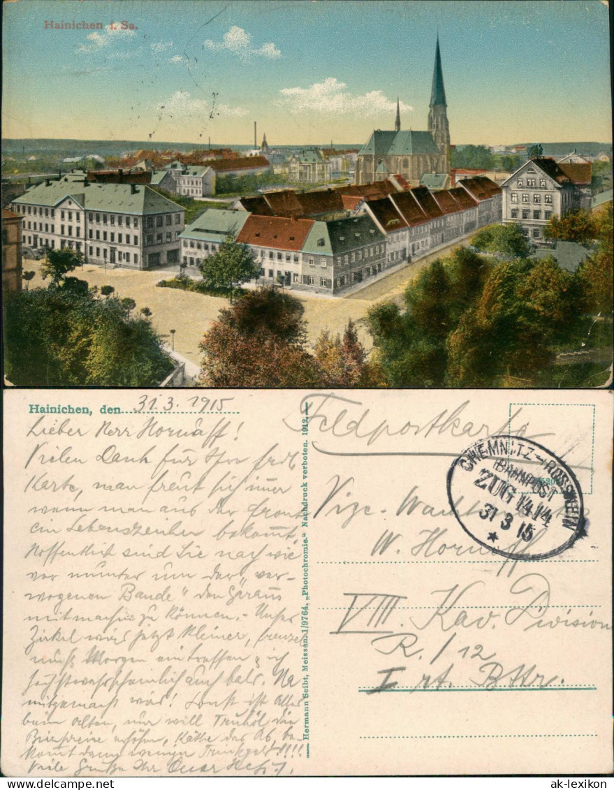 Ansichtskarte Hainichen Straßensicht - Totale 1915 Bahnpoststempel  Feldpost