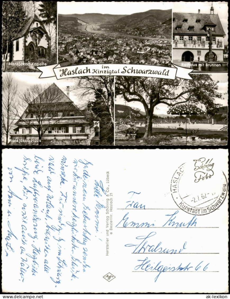 Ansichtskarte Haslach im Kinzigtal Stadt, Rathaus, Schwimmbad 1962
