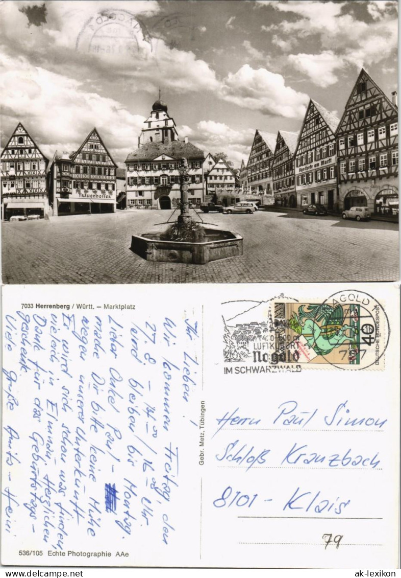 Ansichtskarte Herrenberg Marktplatz , VW-Käfer 1969