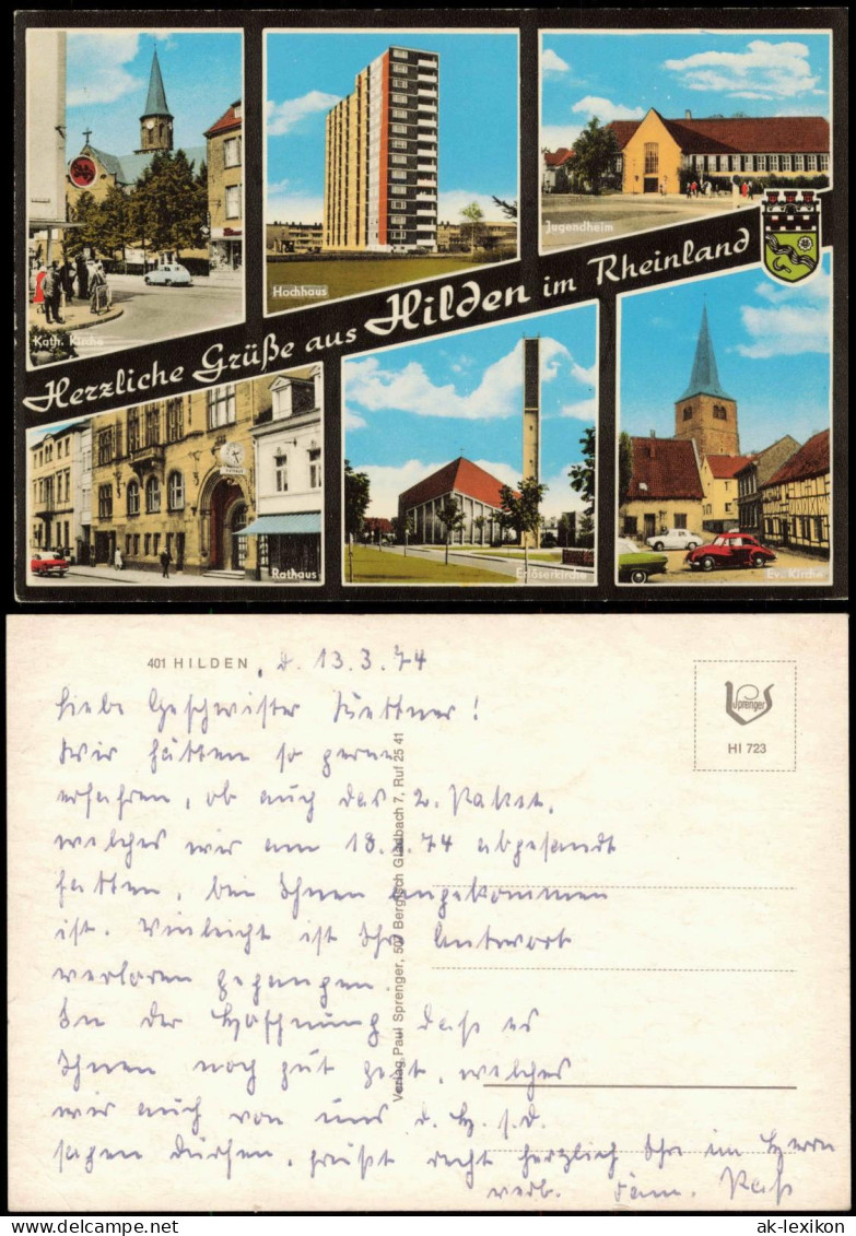 Ansichtskarte Hilden MB: Kirche Hochhaus Jugendheim Kirche 1974