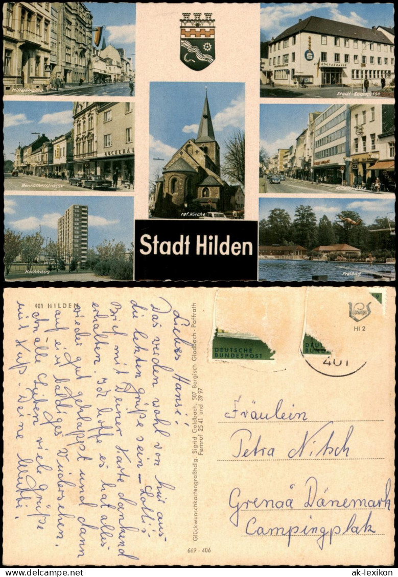 Ansichtskarte Hilden MB: Mittelstraße Sparkasse Benratherstraße Freibad 1971