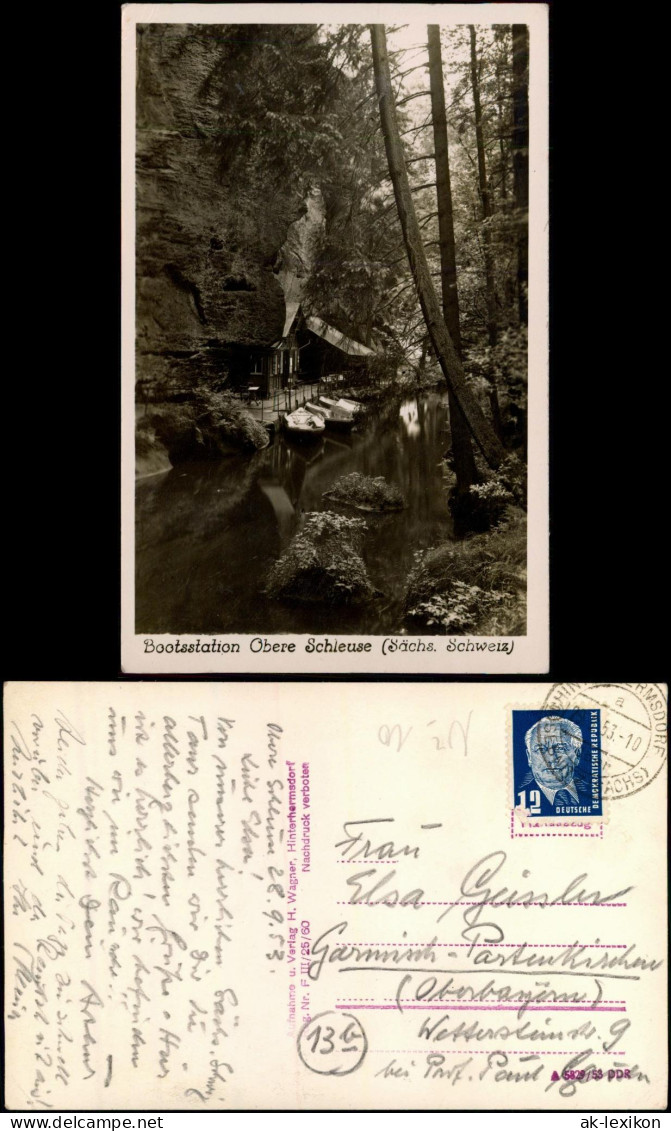 Ansichtskarte Hinterhermsdorf-Sebnitz Bootstation Obere Schleuse 1953