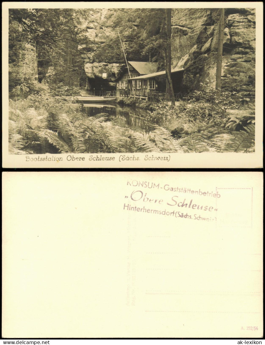 Ansichtskarte Hinterhermsdorf-Sebnitz Bootstation Obere Schleuse 1954