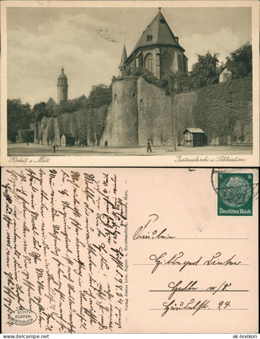 Ansichtskarte Höchst-Frankfurt am Main Justinuskirche u. Schlossturm 1936