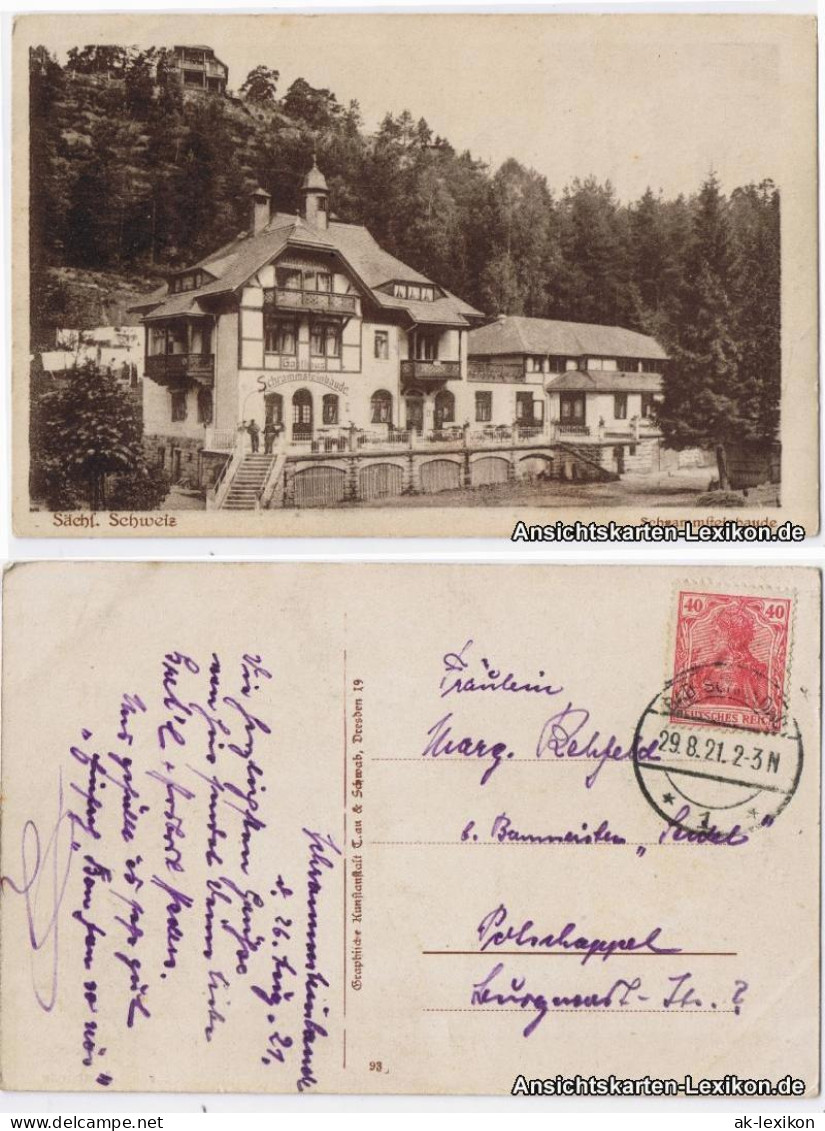 Ansichtskarte Kirnitzschtal-Sebnitz Schrammsteinebaude 1921
