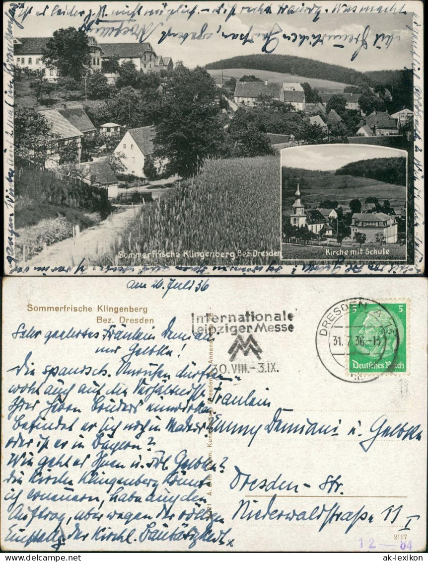 Ansichtskarte Klingenberg (Sachsen) 2 Bild: Kirche, Schule - Stadtpartie 1936