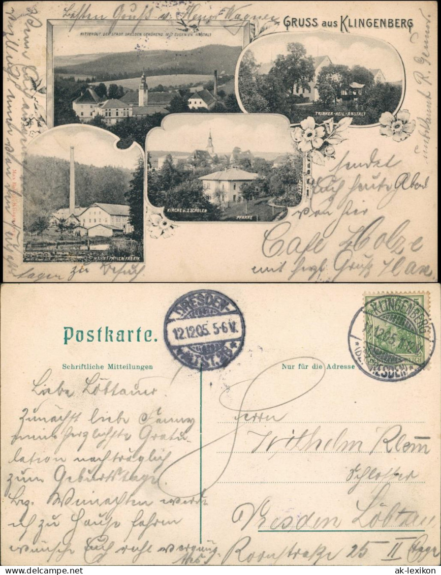 Ansichtskarte Klingenberg (Sachsen) Papierfabrik, Kirche, Stadt 1905