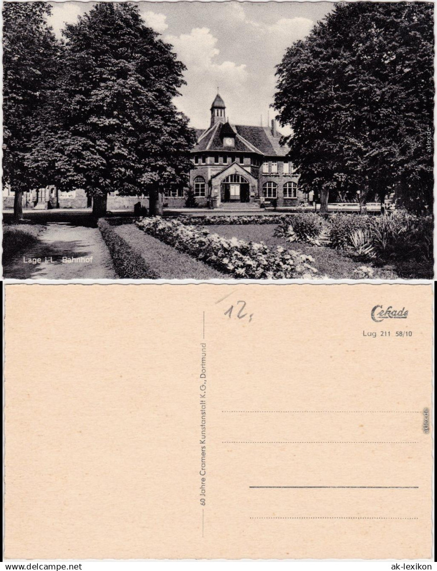 Ansichtskarte Lage (Lippe) Bahnhofsgebäude mit Gartenanlage 1968