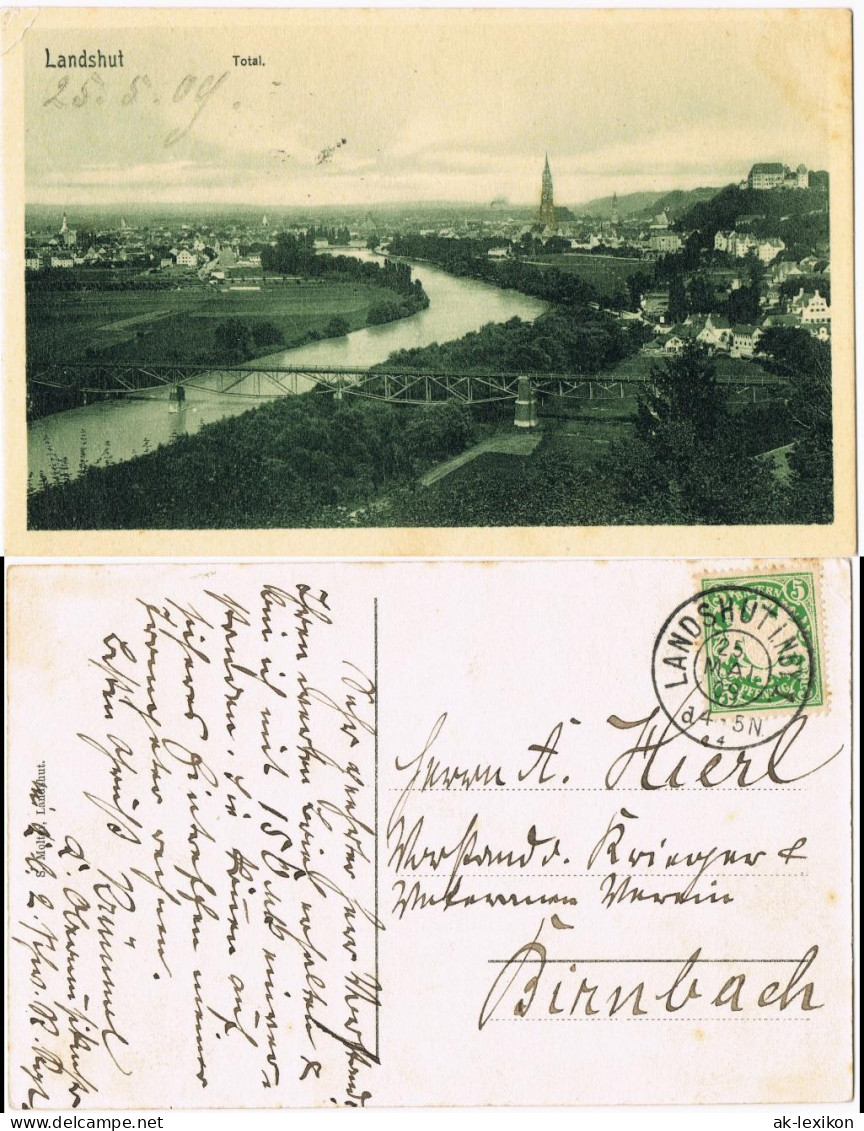 Ansichtskarte Landshut Totale, Brücke 1909 gel. Stempel Landshut
