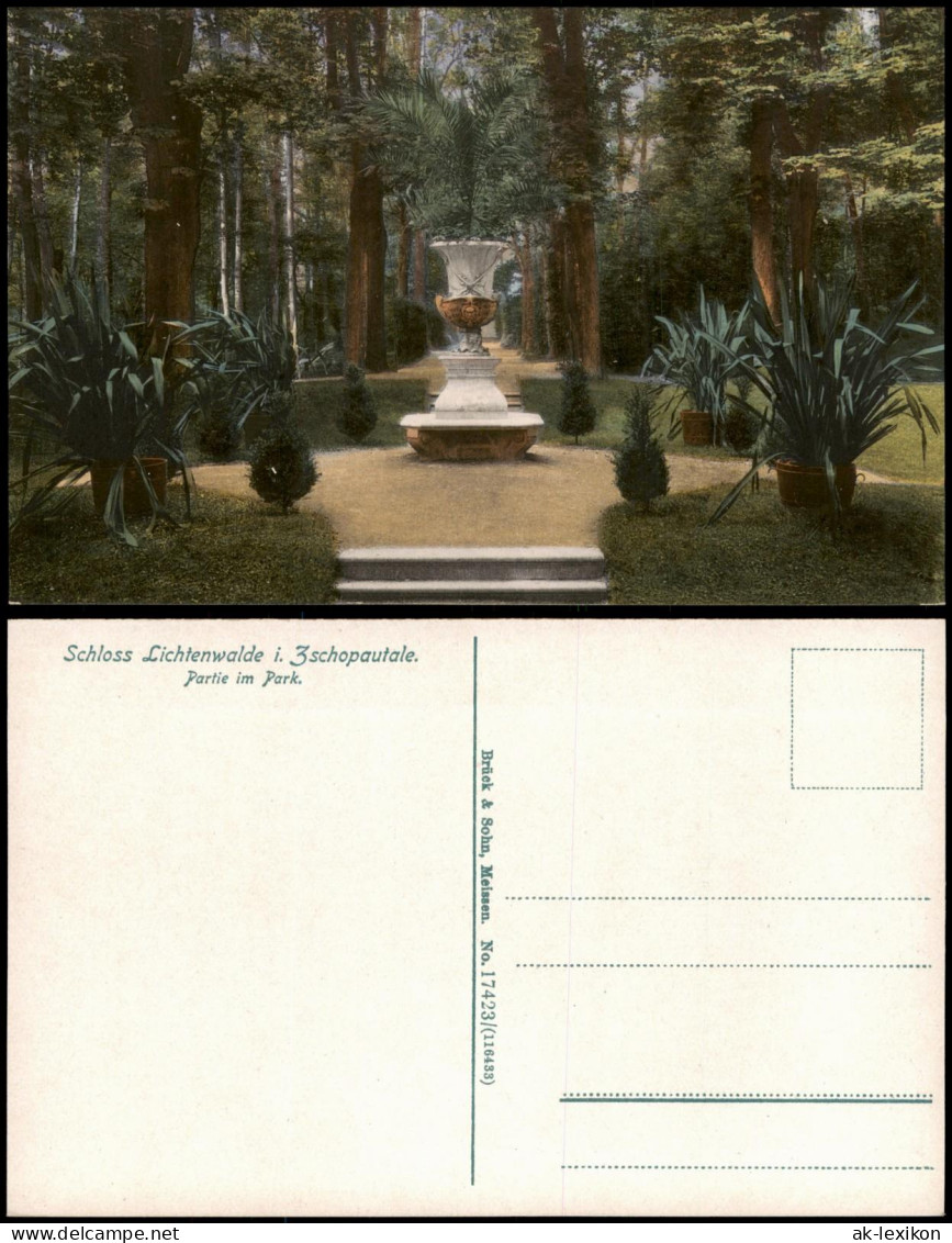 Ansichtskarte Lichtenwalde-Niederwiesa Partie im Park Statue mit Palme 1914