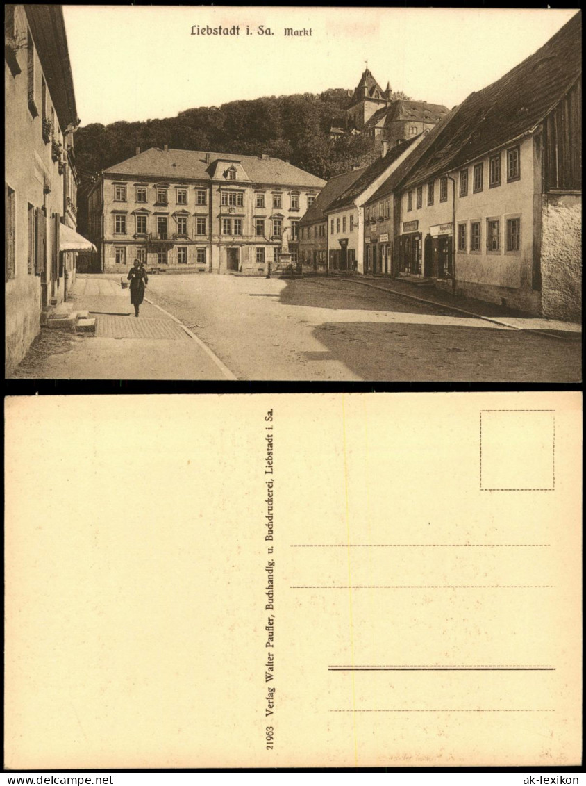 Ansichtskarte Liebstadt Markt, Geschäfte 1922