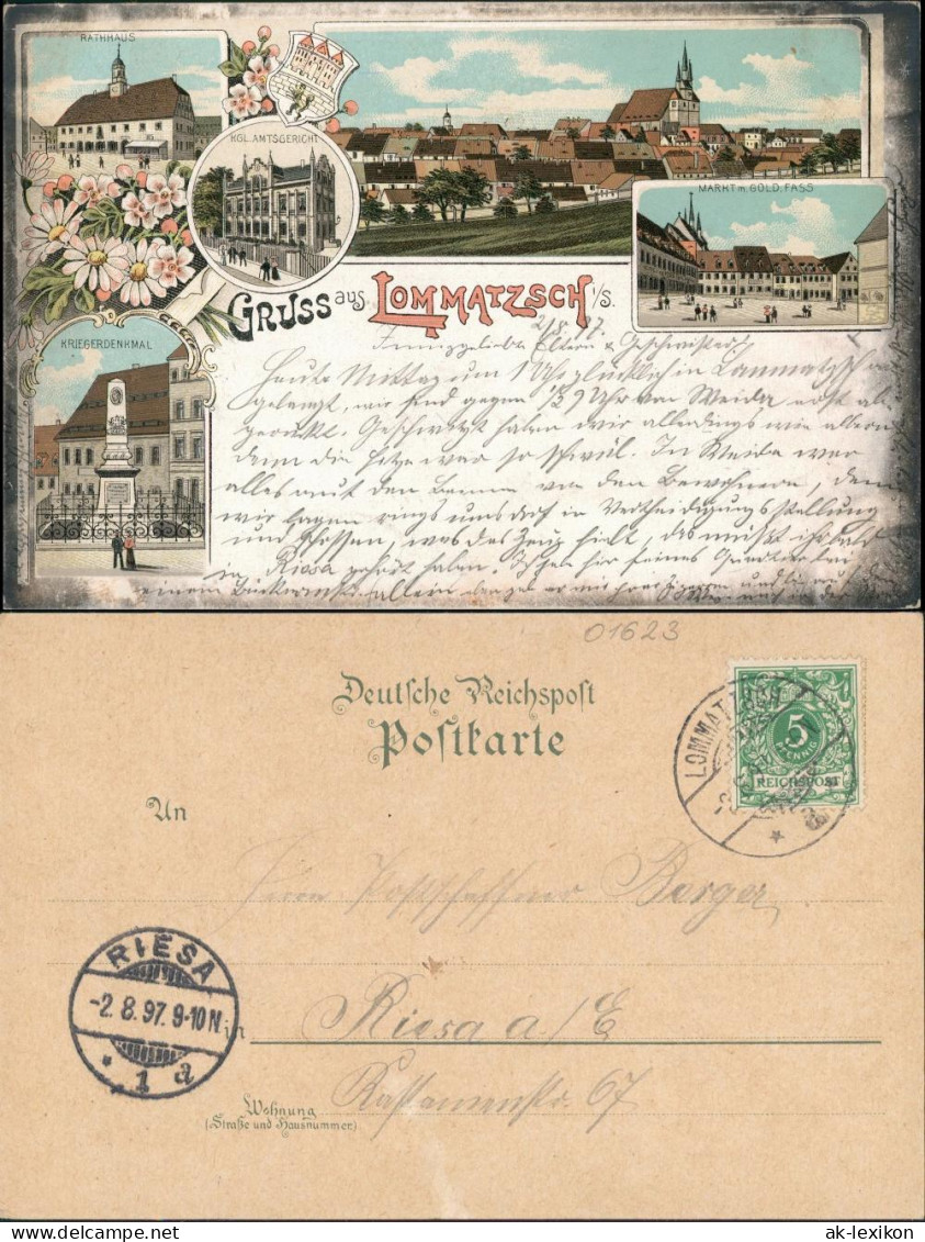 Ansichtskarte Lommatzsch Markt, Kriegerdenkmal 1897
