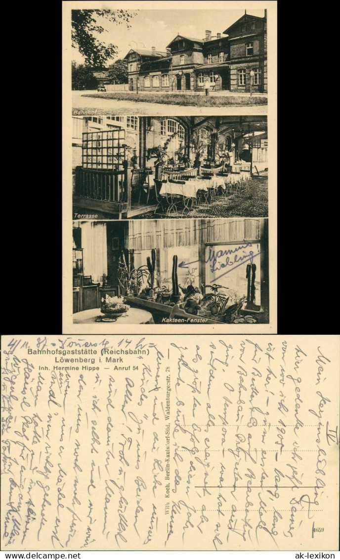 Ansichtskarte Löwenberg (Mark) Bahnhof, Gaststätte 3 Bild 1934