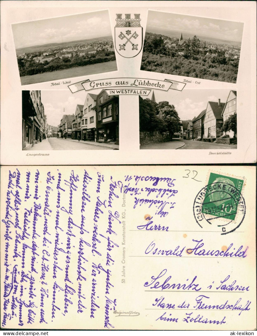 Ansichtskarte Lübbecke (Westfalen) Totale - West u. Ost, Langestraße 1954