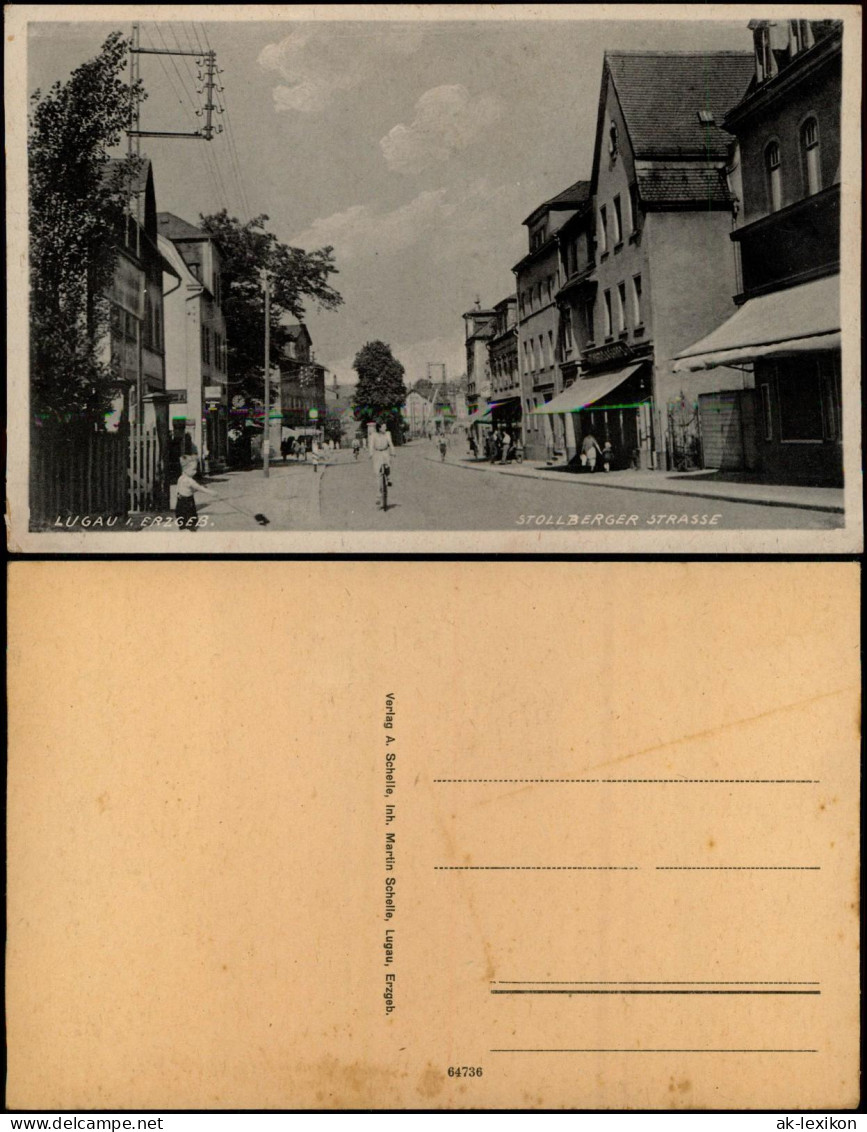 Ansichtskarte Lugau (Erzgebirge) Stollberger Strasse, Geschäfte 1934