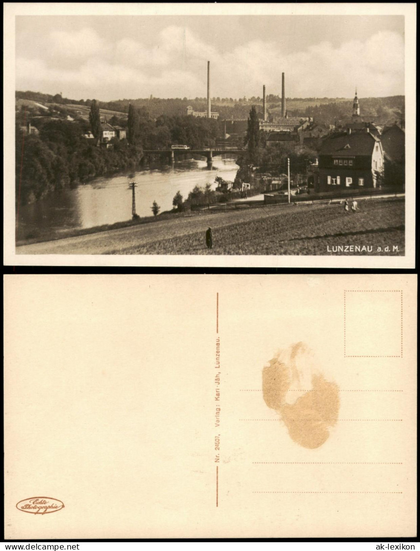 Ansichtskarte Lunzenau Stadt und Fabrikanlagen Schlote 1928