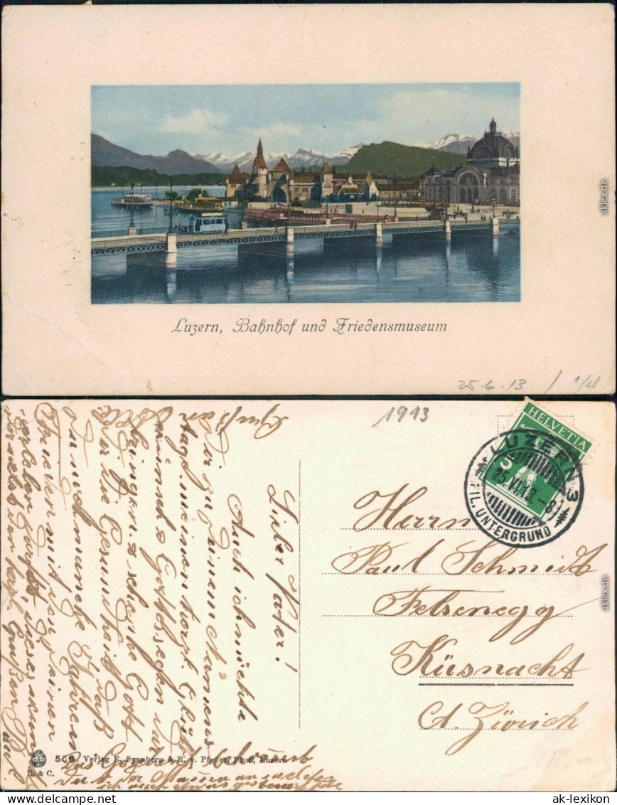 Ansichtskarte Luzern Lucerna Bahnhof und Friedensmuseum 1913