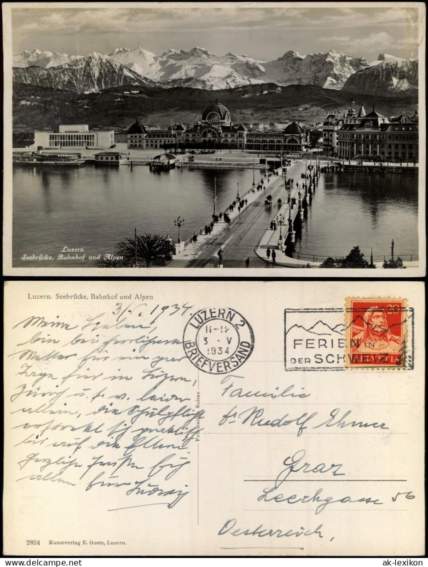 Ansichtskarte Luzern Lucerna Seebrücke, Bahnhof und Alpen 1934
