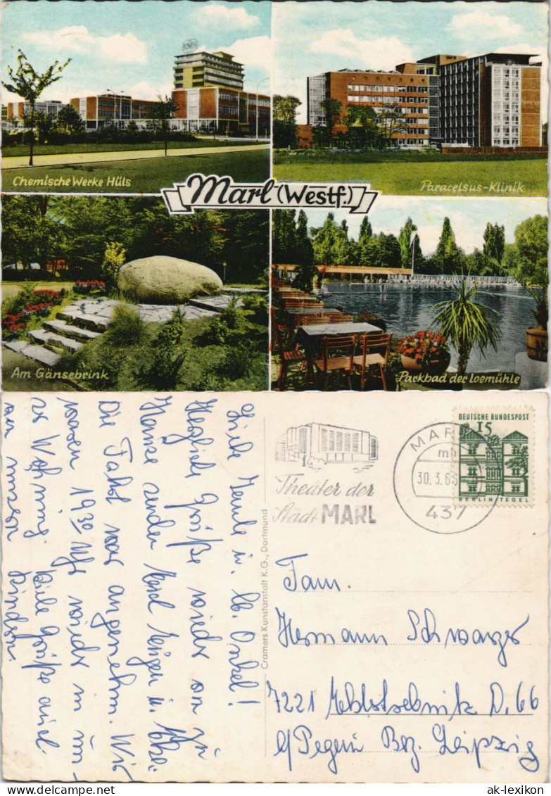 Ansichtskarte Marl (Westfalen) Chemische Werke, Klinik, Parkbad 1968