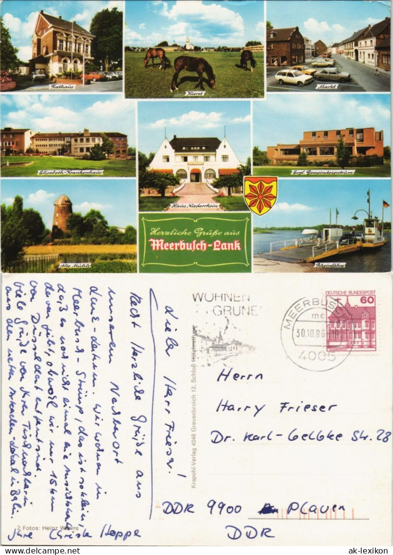 Ansichtskarte Meerbusch Lank Krankenhaus, alte Mühle, Rheinfähre 1986