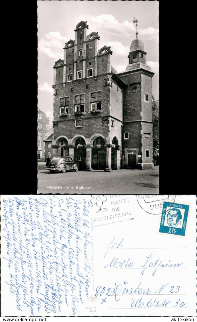 Ansichtskarte Meppen Rathaus Partie altes Auto 1963