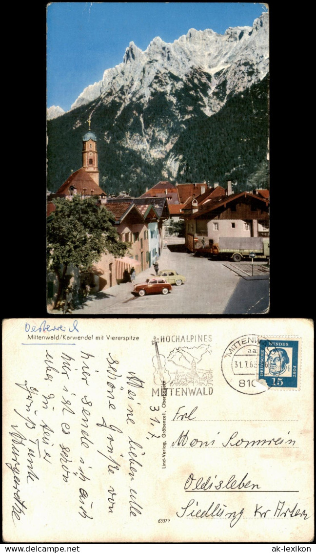 Ansichtskarte Mittenwald Karwendel mit Viererspitze, Autos 1963