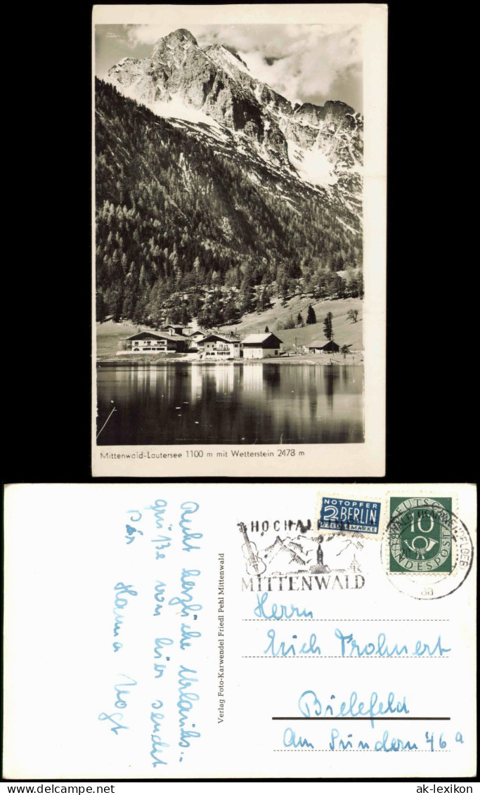 Ansichtskarte Mittenwald Mittenwald-Lautersee mit Wetterstein 1955