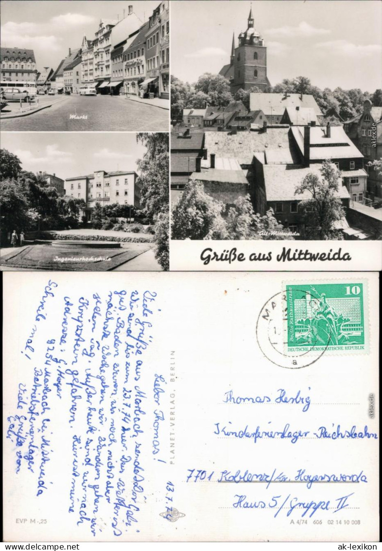 Ansichtskarte Mittweida Markt, Ingenieurhochschule, Alt-Mittweida 1974