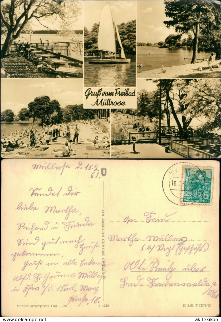 Ansichtskarte Müllrose 5 Bild Freibad Segelboot Restaurant Strand 1975