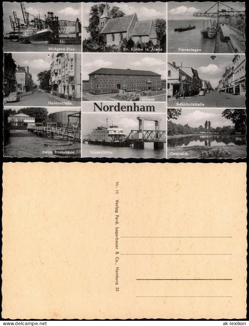 Ansichtskarte Nordenham Pier, Hafen, Rathaus uvm 1965
