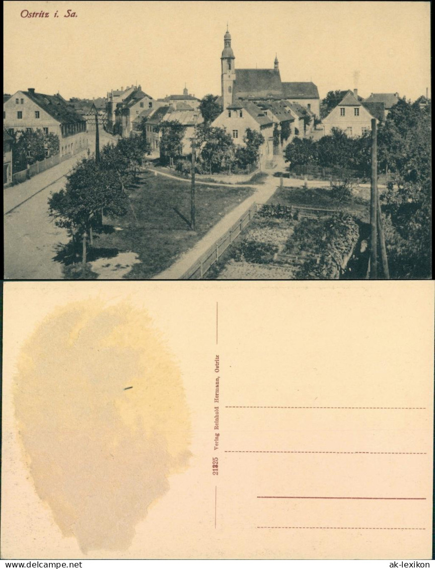 Ansichtskarte Ostritz (Oberlausitz) Wostrowc Straße, Kirche, Wohnhäuser 1914