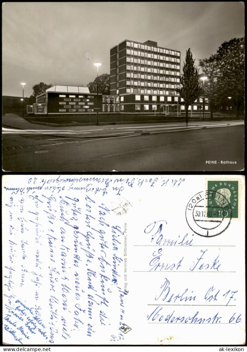 Ansichtskarte Peine Straßenpartie am Rathaus - Abendstimmung 1960