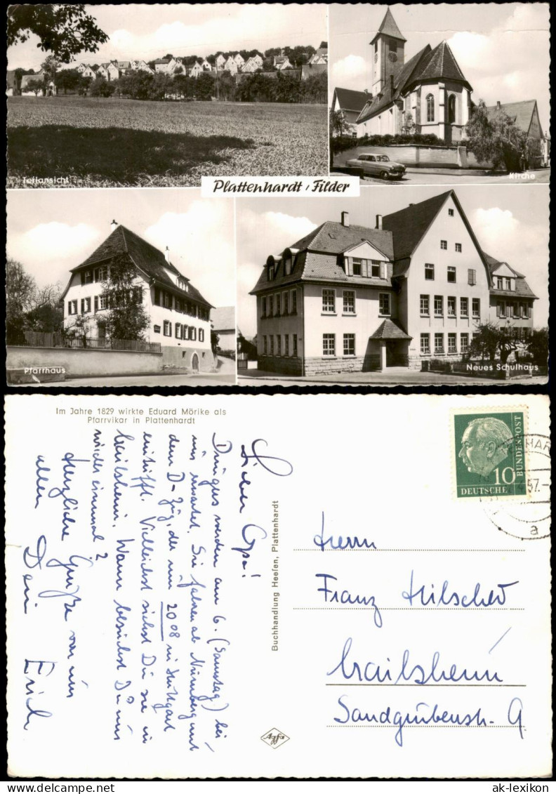 Ansichtskarte Plattenhardt-Filderstadt Kirche, Stadt, Schule, Pfarrhaus 1957