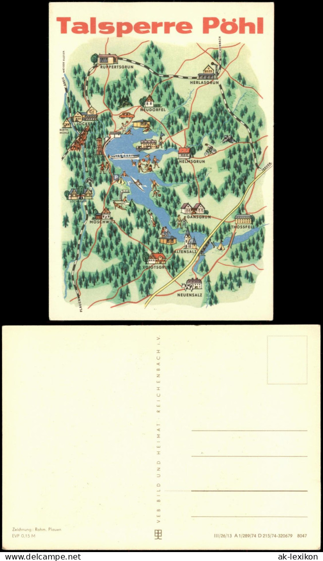 Ansichtskarte Pöhl Landkarte: Talsperre Pöhl 1974