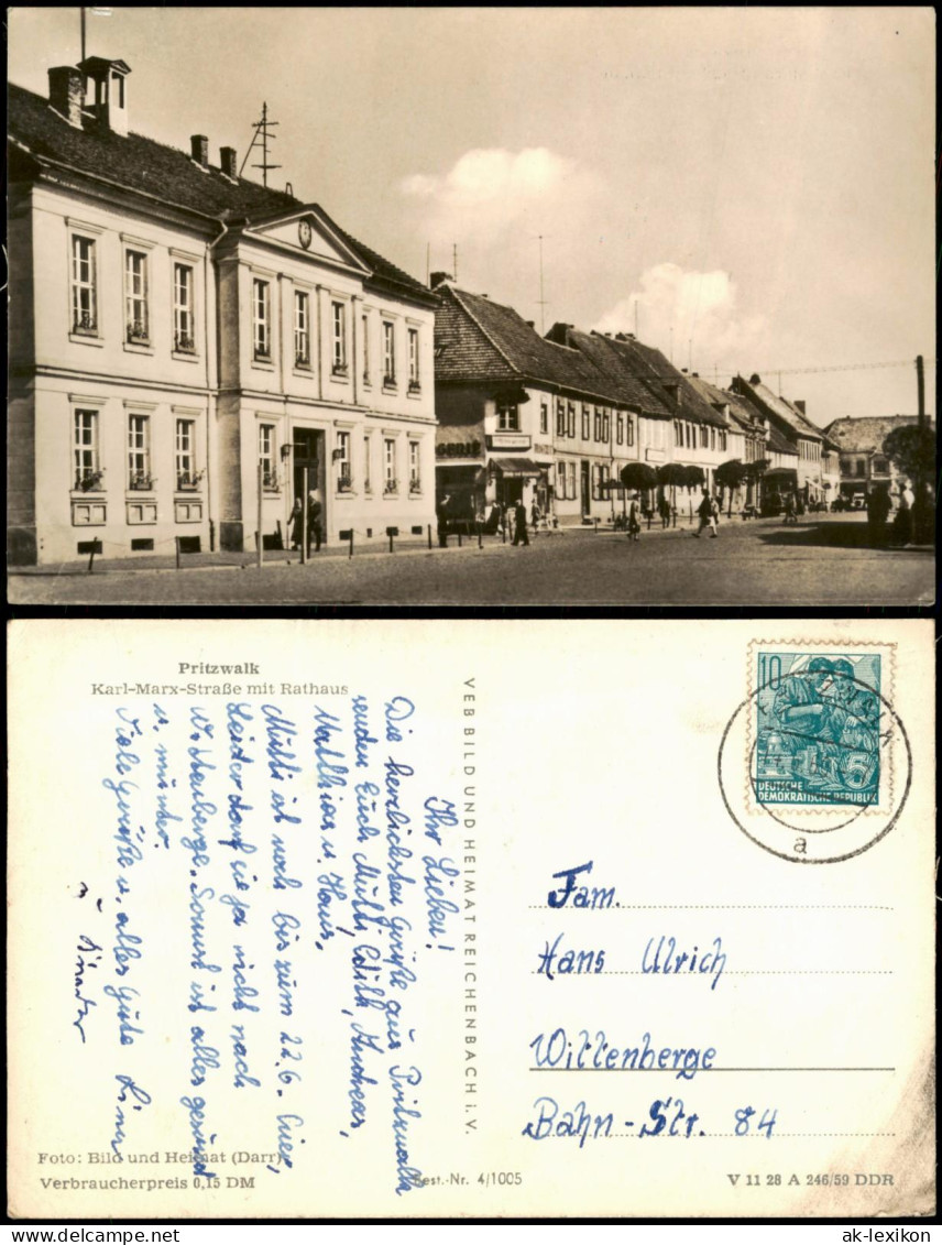 Ansichtskarte Pritzwalk Karl-Marx-Straße mit Rathaus zur DDR-Zeit 1959
