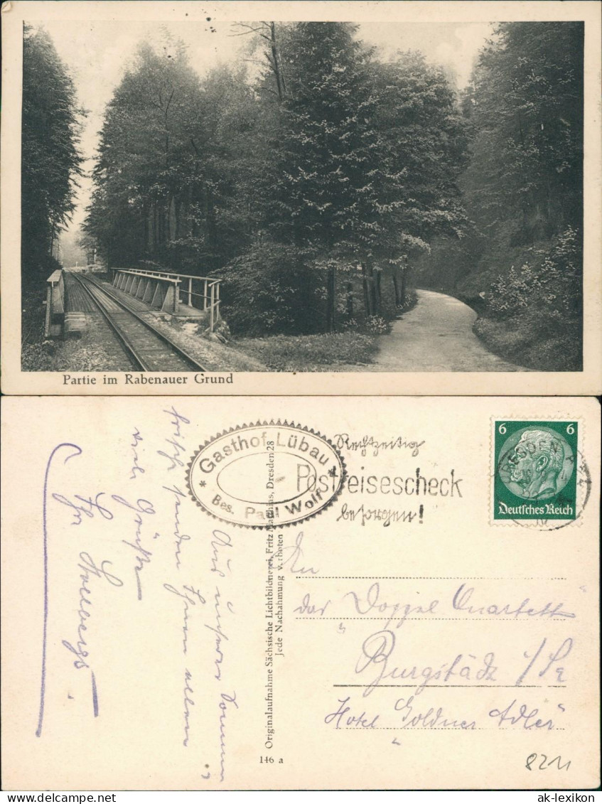 Ansichtskarte Rabenau Waldweg und Eisenbahnstrecke 1938