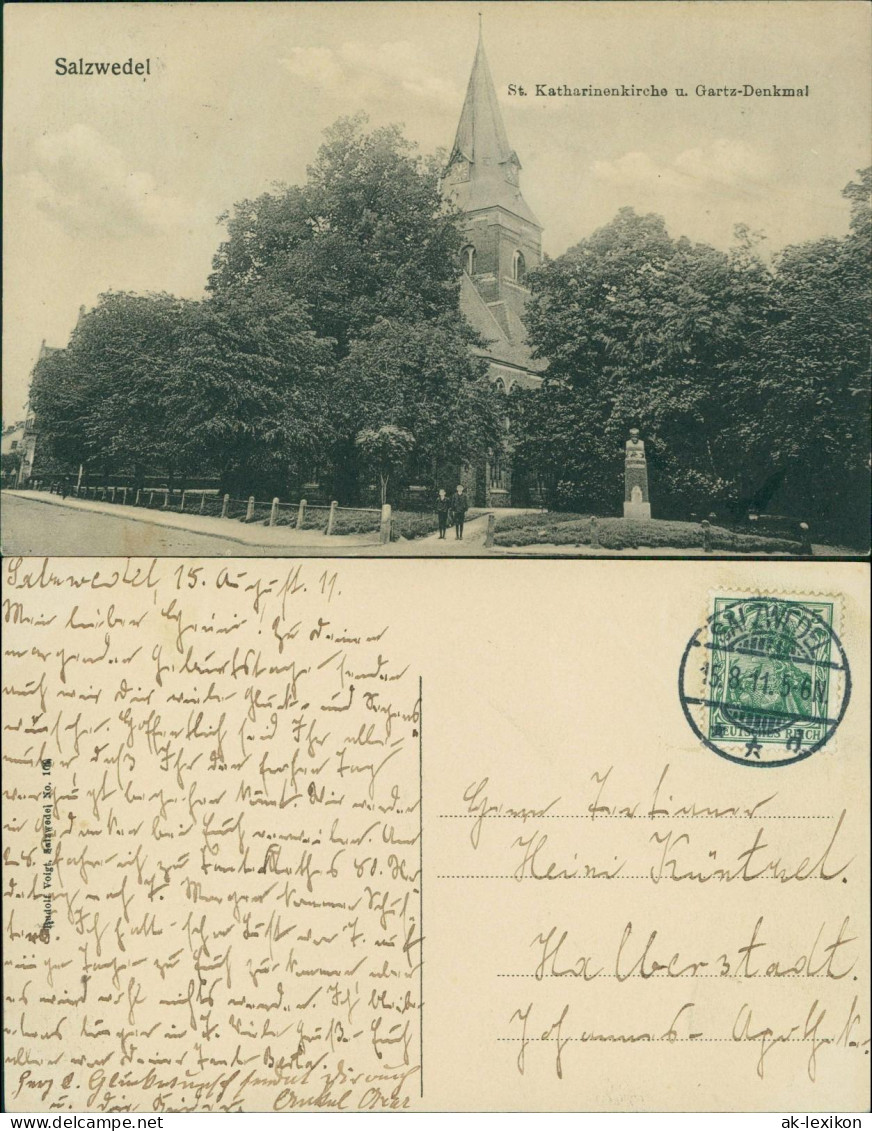 Ansichtskarte Salzwedel St. Katharinenkirche u. Gartz-Denkmal 1911