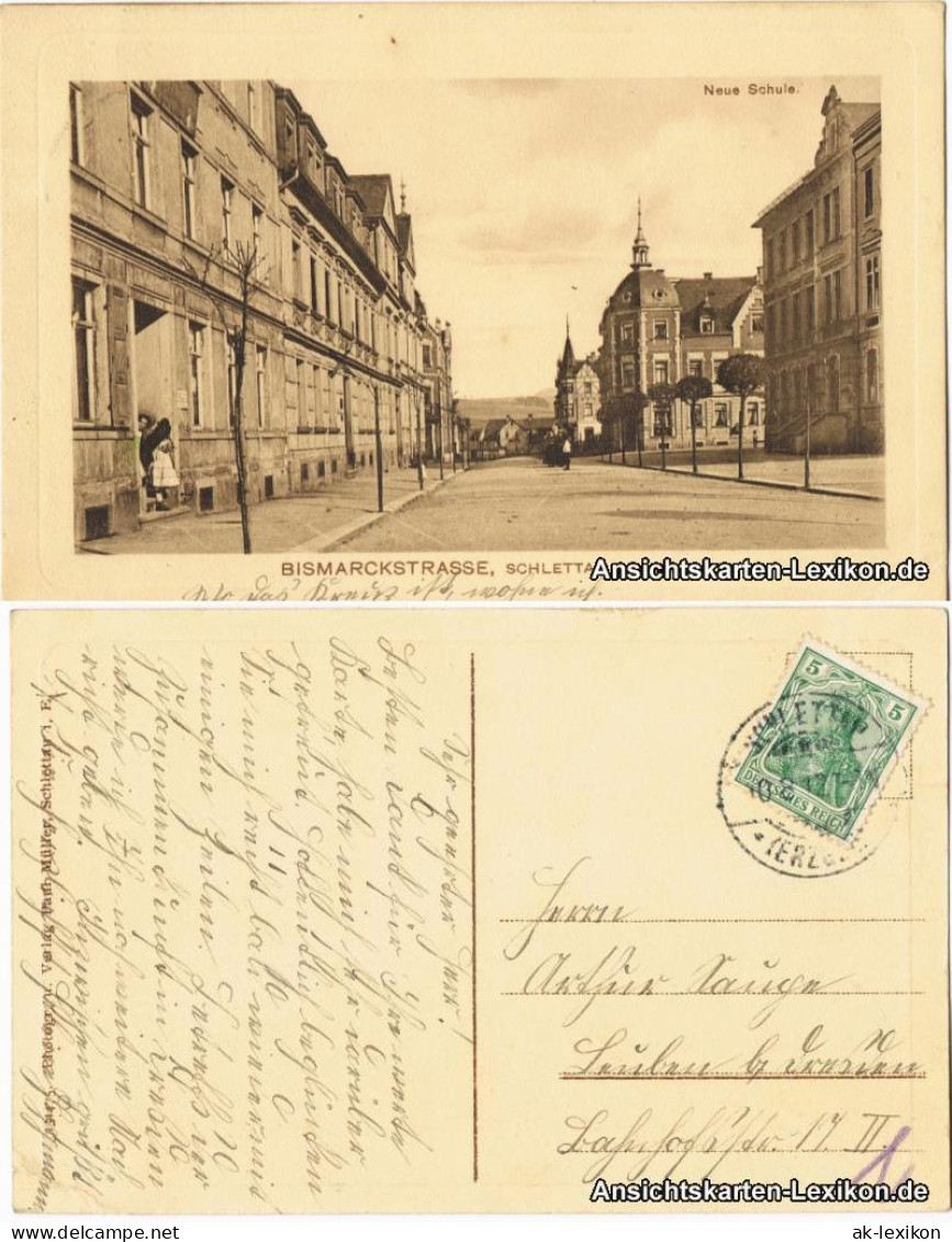 Ansichtskarte Schlettau Bismarckstraße und Schule 1912