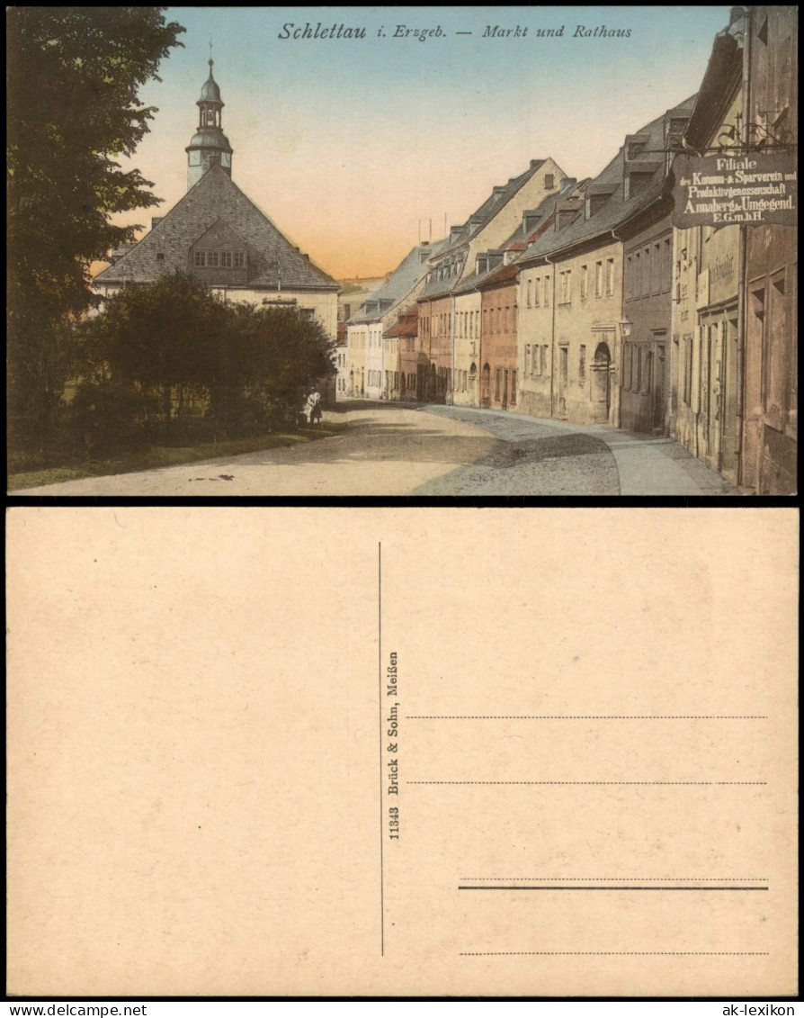 Ansichtskarte Schlettau Marktplatz mit Rathaus und Konsum-Filiale 1910