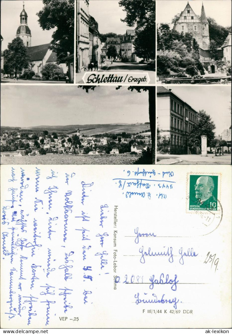 Ansichtskarte Schlettau MB: Stadt, Kirche, Straße 1969