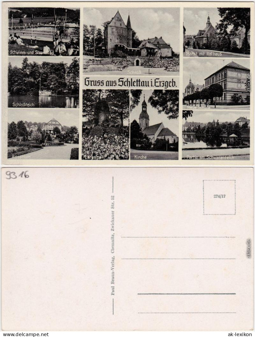 Ansichtskarte Schlettau Mehrbildkarte: Schwimmbad, Kirche, Denkmal 1932