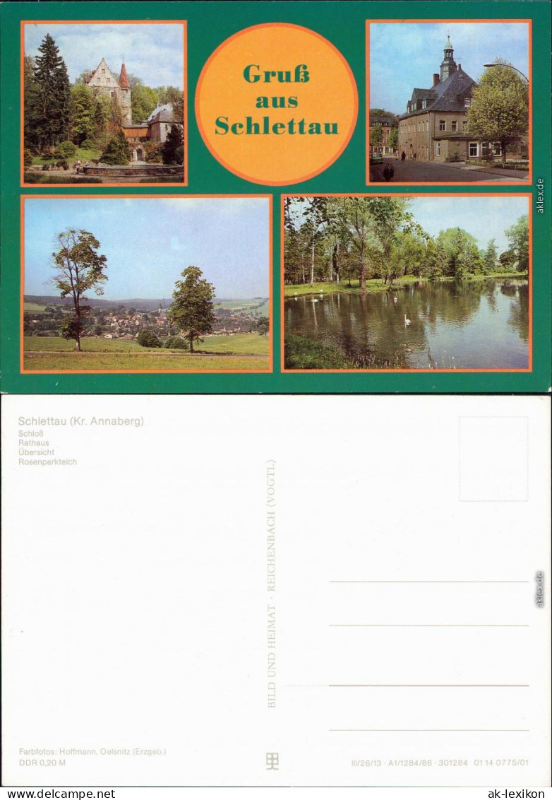 Ansichtskarte Schlettau Schloß, Rathaus, Übersicht und Rosenparkteich 1986