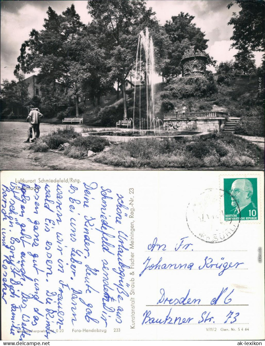 Ansichtskarte Schmiedefeld (Rennsteig) Kurpark mit Springbrunnen 1964