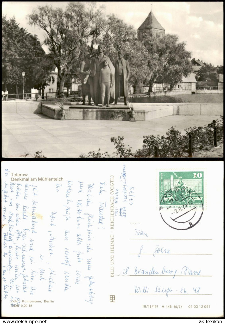 Ansichtskarte Teterow Denkmal am Mühlenteich zur DDR-Zeit 1977