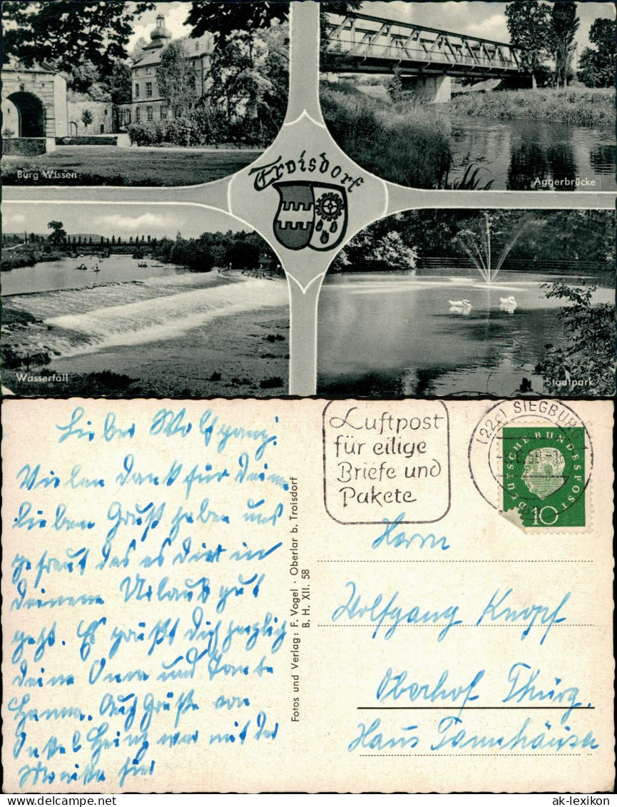 Ansichtskarte Troisdorf Burg Wissen Aggerbrücke Wasserfall Stadtpark 1959