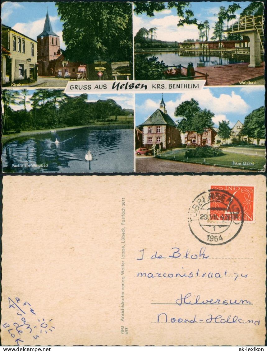 Ansichtskarte Uelsen 4 Bild: Straße, Kirche, Waldbad, Markt 1964