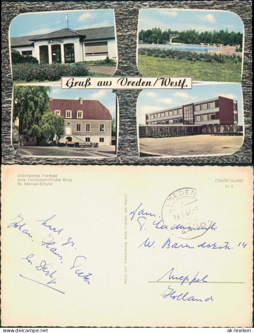 Ansichtskarte Vreden MB 4 Fotos mit Schule, Freibad, Burg 1967