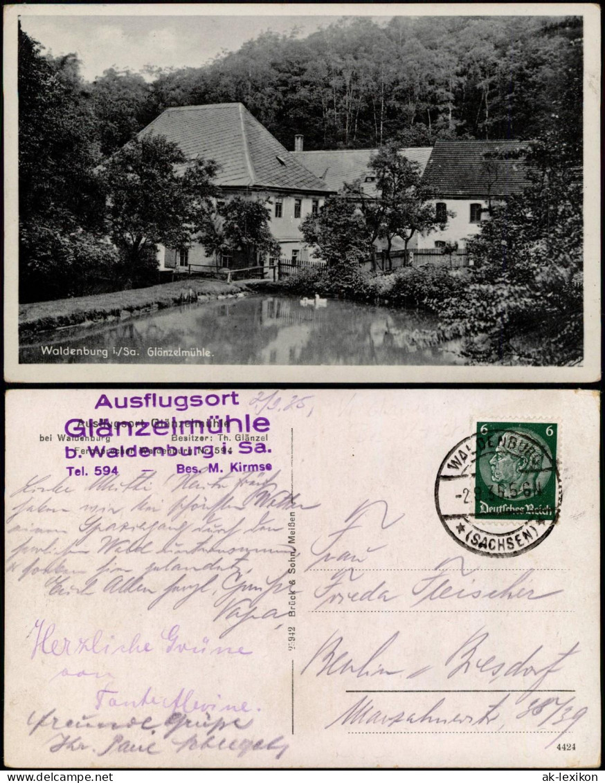 Ansichtskarte Waldenburg (Sachsen) Glänzelmühle 1938